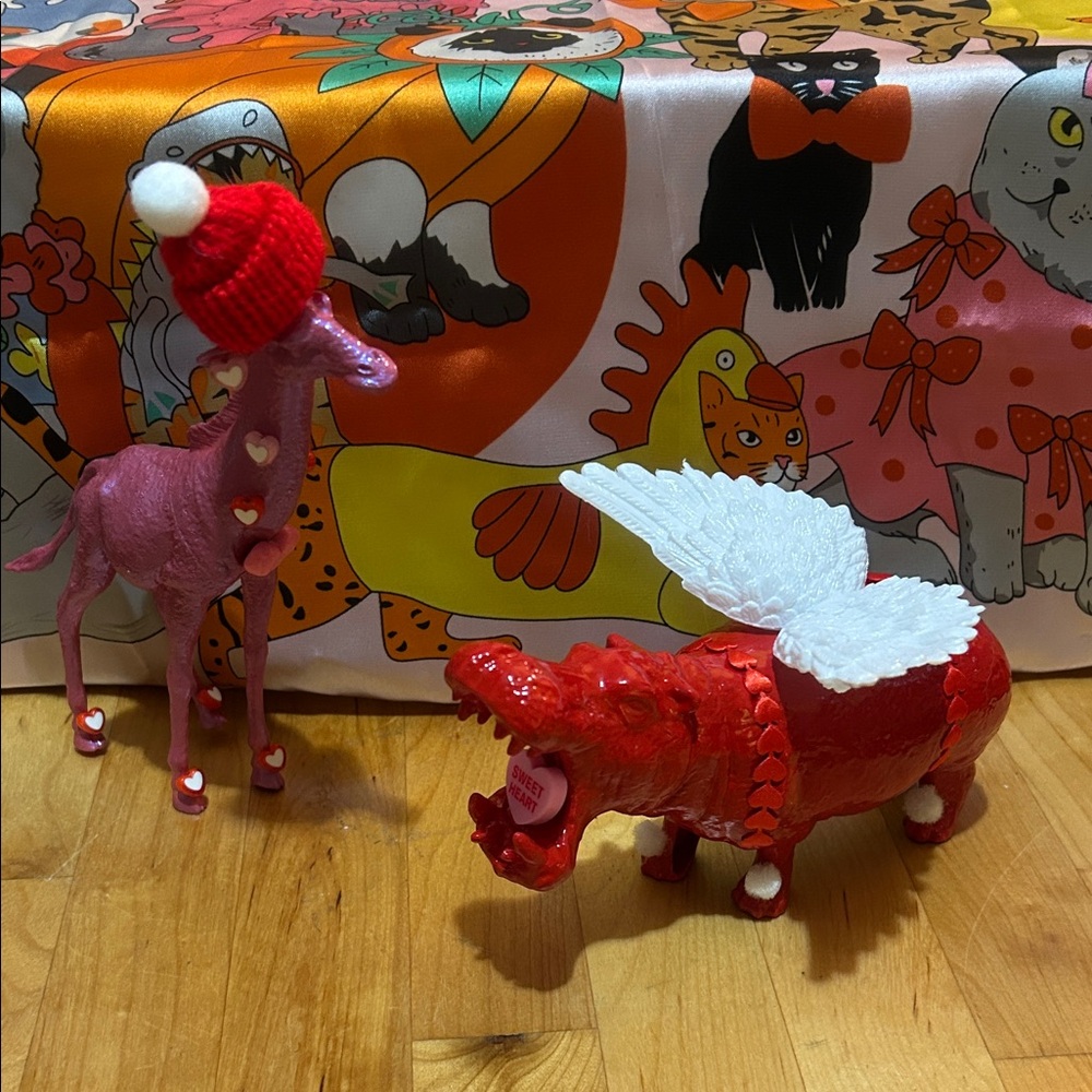 Upcycled animal figurine Valentine’s Day set - giraffe and hippo